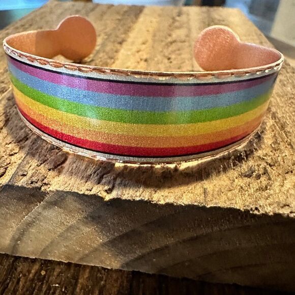 Handmade Boho Copper Wide Cuff Bracelet, Diamond Cut Rainbow Pride Design, Gift - Picture 1 of 11